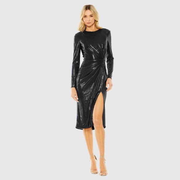 NWT Mac Duggal Long Sleeve Knot Detail Slit Metallic Dress Black 2 #7979